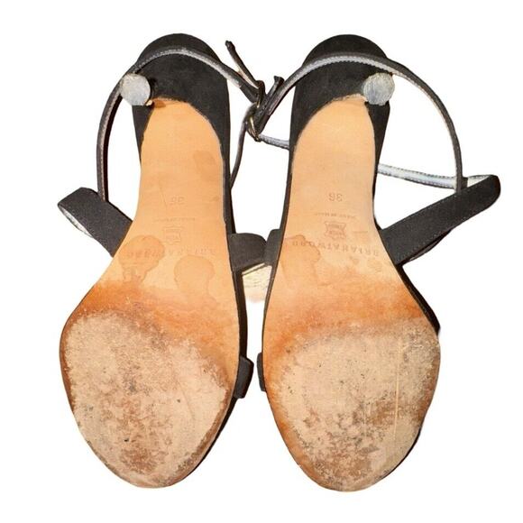 Brian Atwood Black Suede Strappy Healed Sandals Sz 6, Heel 4” - Picture 8 of 8